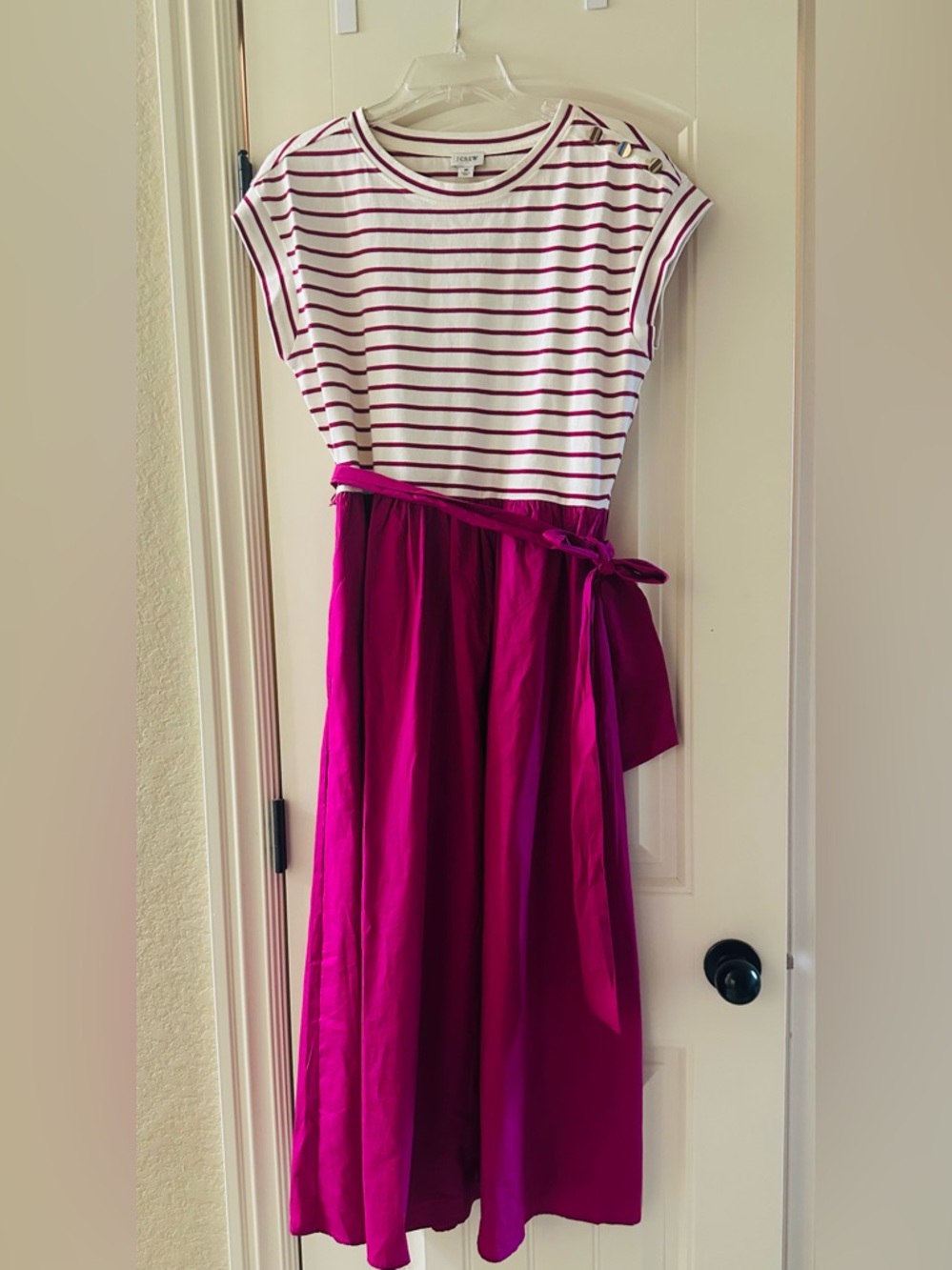 J. Crew Striped White & Fuchsia Dress with Tie Waist